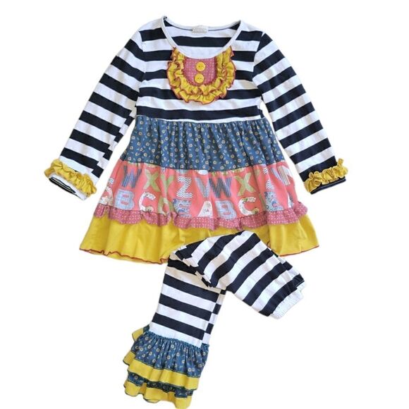 Ruffles Tutu and Lulu Stripe Alphabet Letters Longsleeve Top and Pants 2 Set 5-6 - Picture 1 of 9